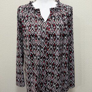 Croft & Barrow red, black, white long sleeve woman's blouse, ruffled collar, L